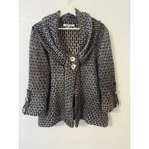 Avette Womens Shawl Collar Jacket Cardigan Sweater Knit Large Black Tan Textured